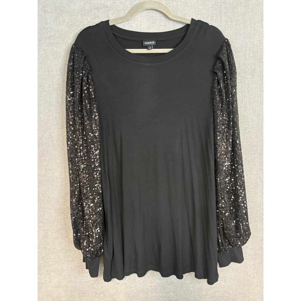 Torrid Top Womens 2X 2 Black Ribbed Knit Sequin Balloon Long Sleeve Event Party